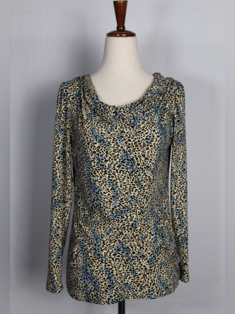 vintage Jon & Anna Beige Leopard Print Long-Sleeve Top with Blue Accents
